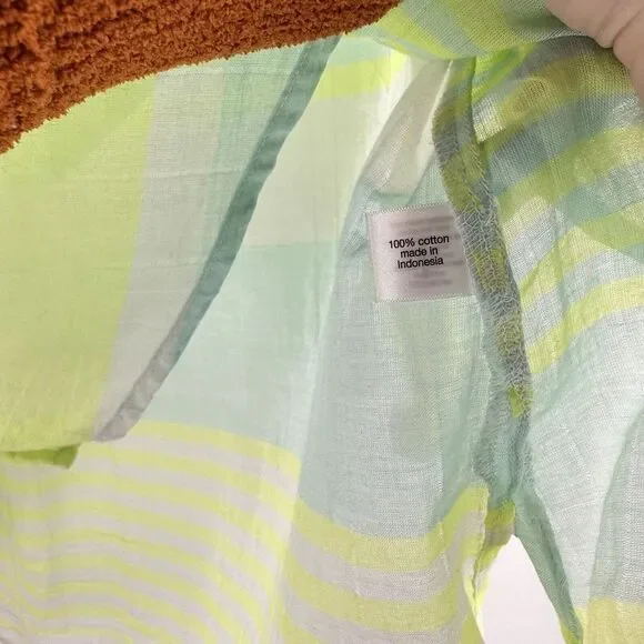 Lane Bryant Pastel Shirt 14/16 Yellow Teal Roll Tab Sleeve Sheer Spring Light - Picture 5 of 8